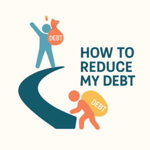 How to Reduce My Debt logo showing a person at the bottom of a path carrying a heavy load, with another person at the top holding a bag of money. The words ‘How to Reduce My Debt’ are included.